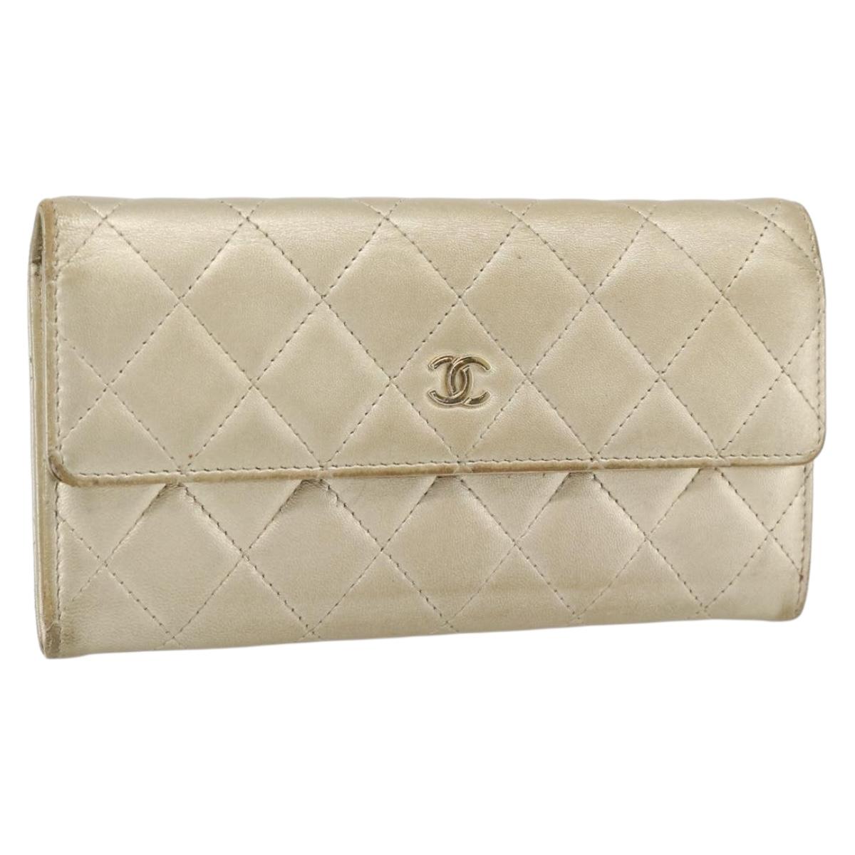 CHANEL Matelasse Long Wallet Lamb Skin Champagne Gold CC Auth 181461A