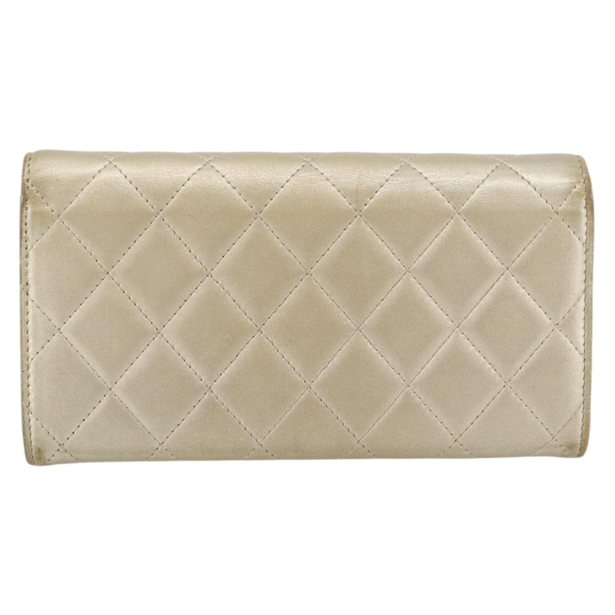 CHANEL Matelasse Long Wallet Lamb Skin Champagne Gold CC Auth 181461A