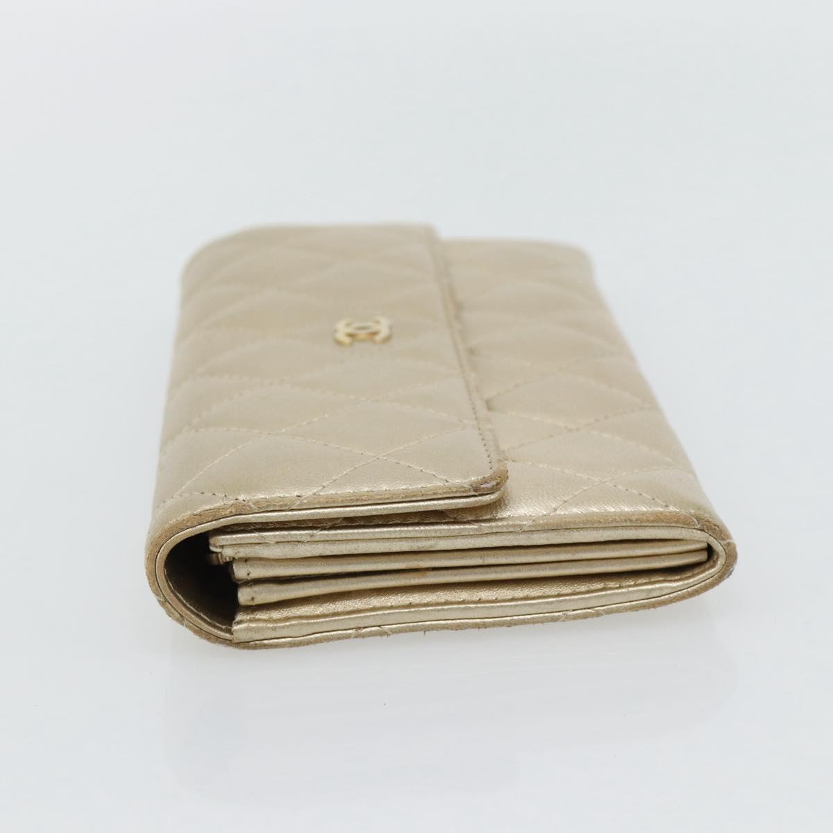 CHANEL Matelasse Long Wallet Lamb Skin Champagne Gold CC Auth 181461A