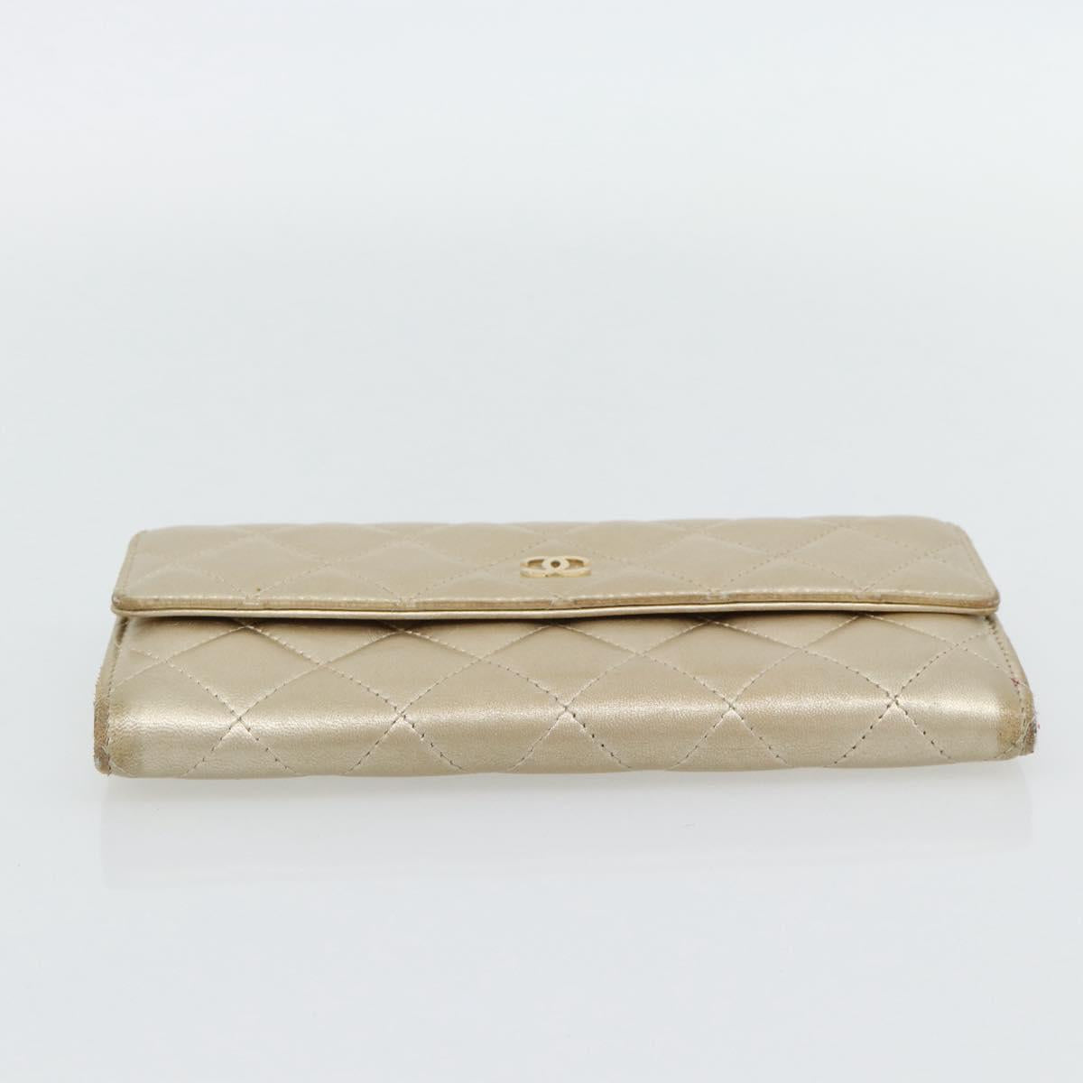 CHANEL Matelasse Long Wallet Lamb Skin Champagne Gold CC Auth 181461A