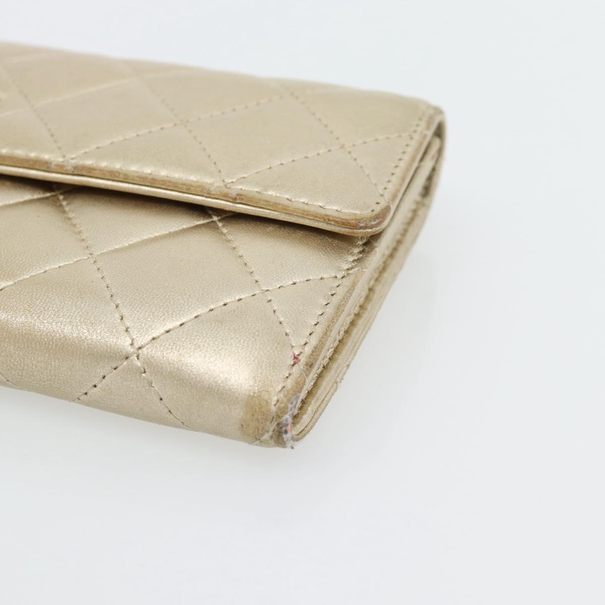 CHANEL Matelasse Long Wallet Lamb Skin Champagne Gold CC Auth 181461A