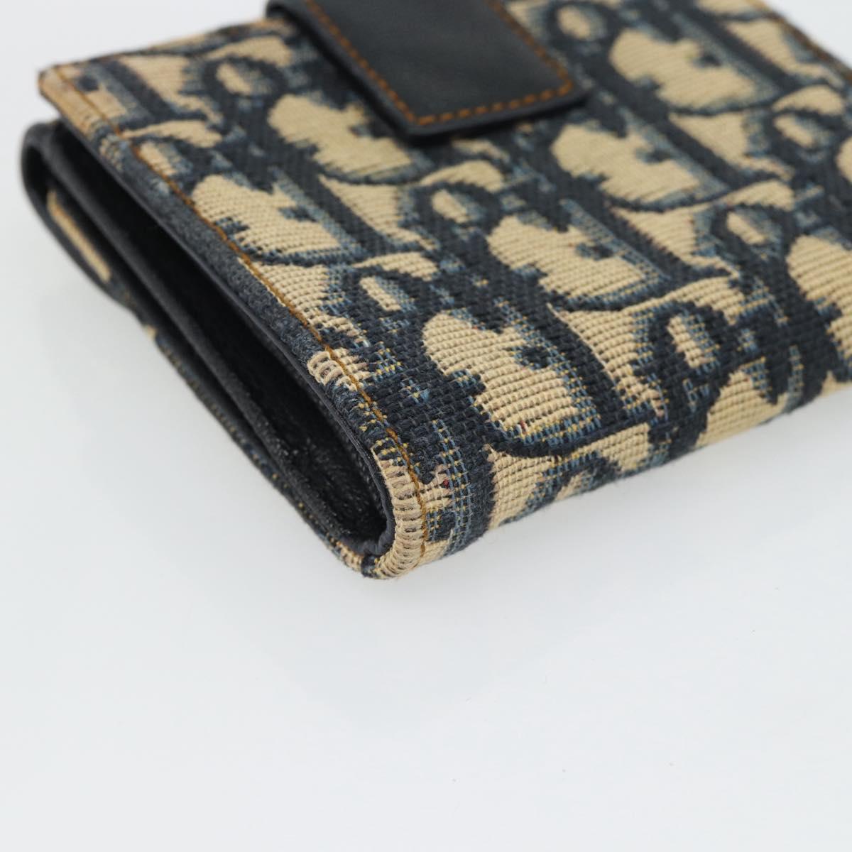 Christian Dior Trotter Canvas Compact Wallet Navy Silver Auth 181463A