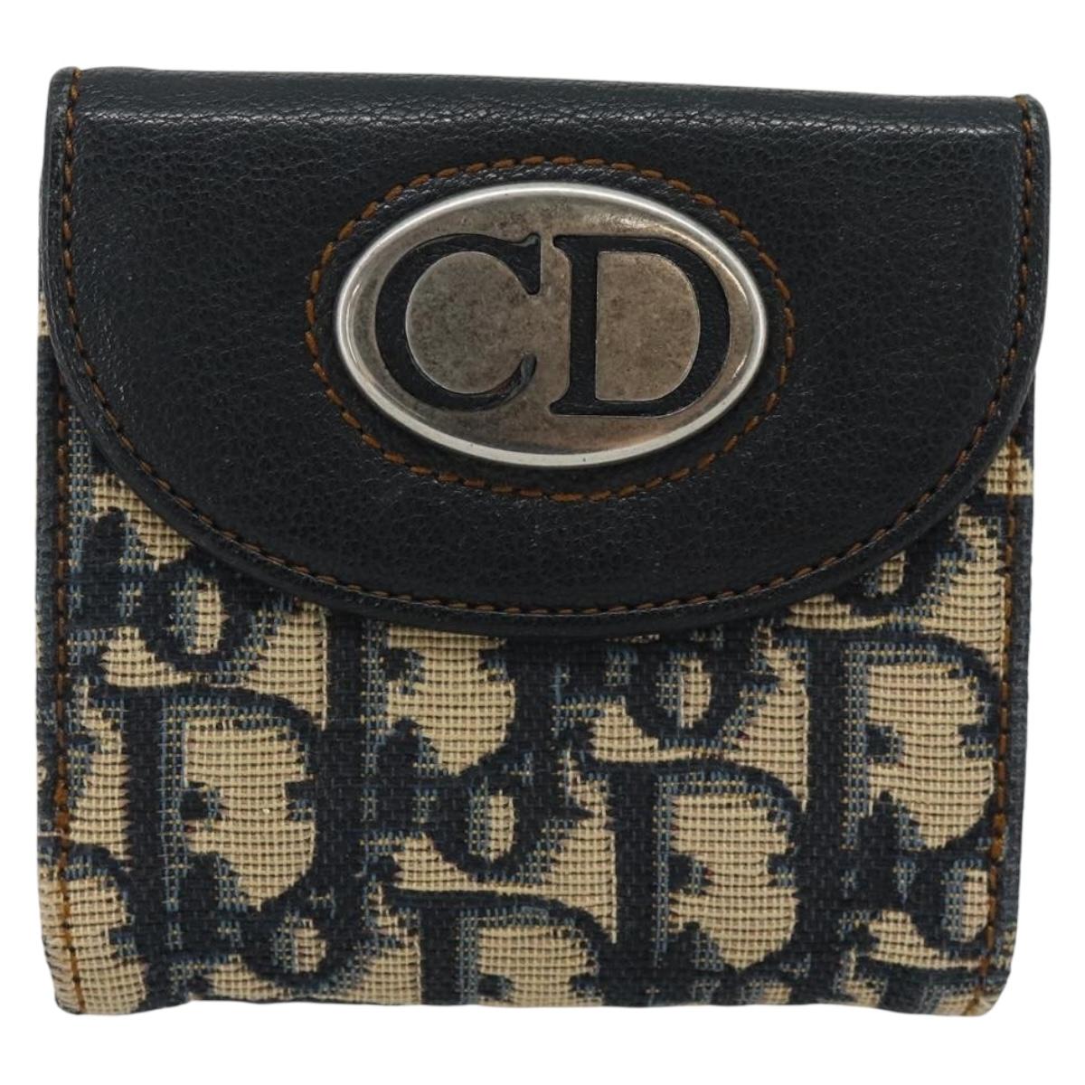 Christian Dior Trotter Canvas Compact Wallet Navy Silver Auth 181463A