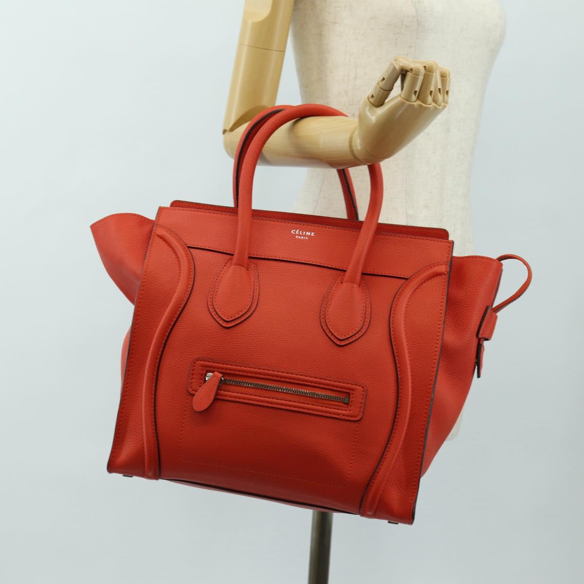 CELINE Luggage Mini Shopper Hand Bag Leather Orange Silver Auth 181473SAM