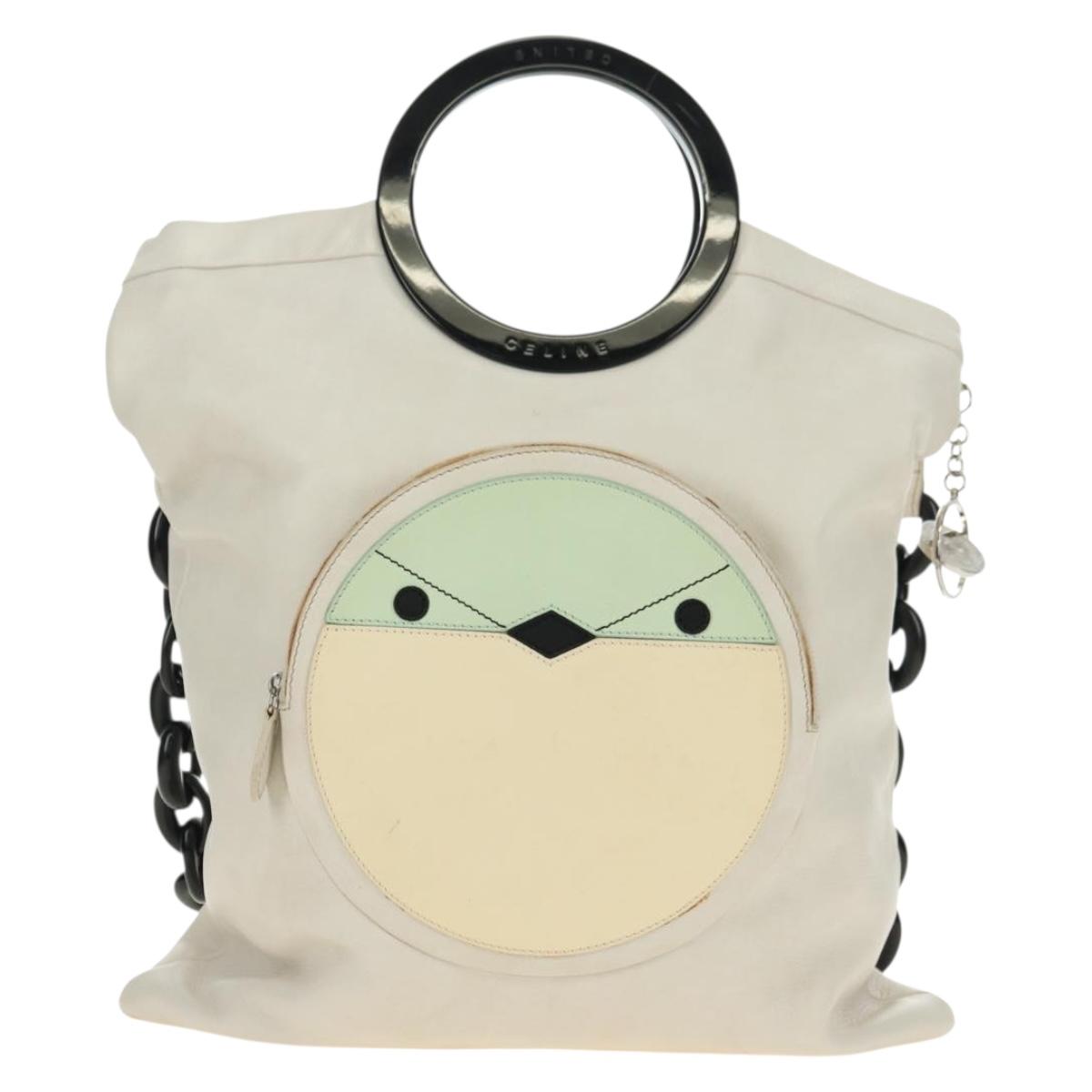 CELINE Chain Shoulder Bag Leather 2way White Silver Auth 181478V