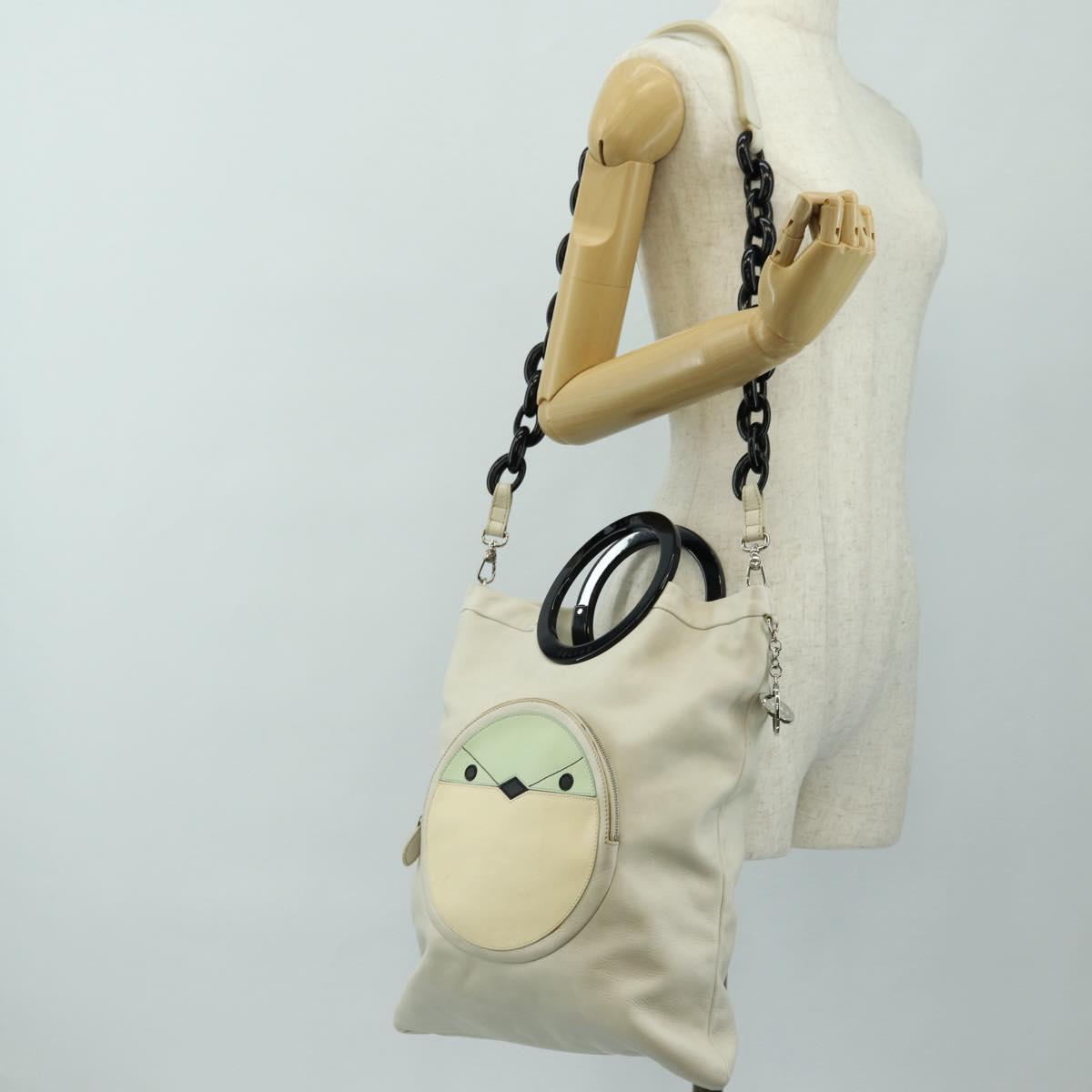 CELINE Chain Shoulder Bag Leather 2way White Silver Auth 181478V