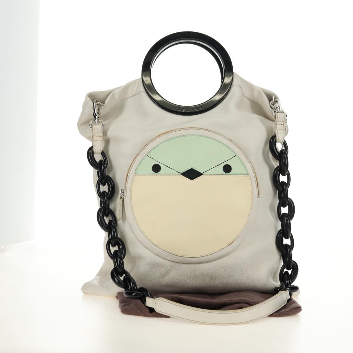 CELINE Chain Shoulder Bag Leather 2way White Silver Auth 181478V
