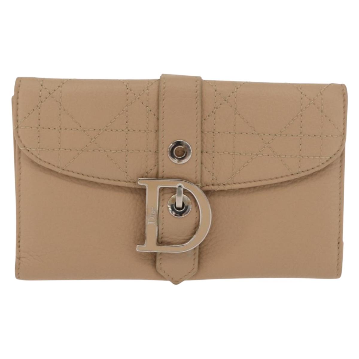 Christian Dior Bifold Wallet Leather Beige Silver Auth 181514