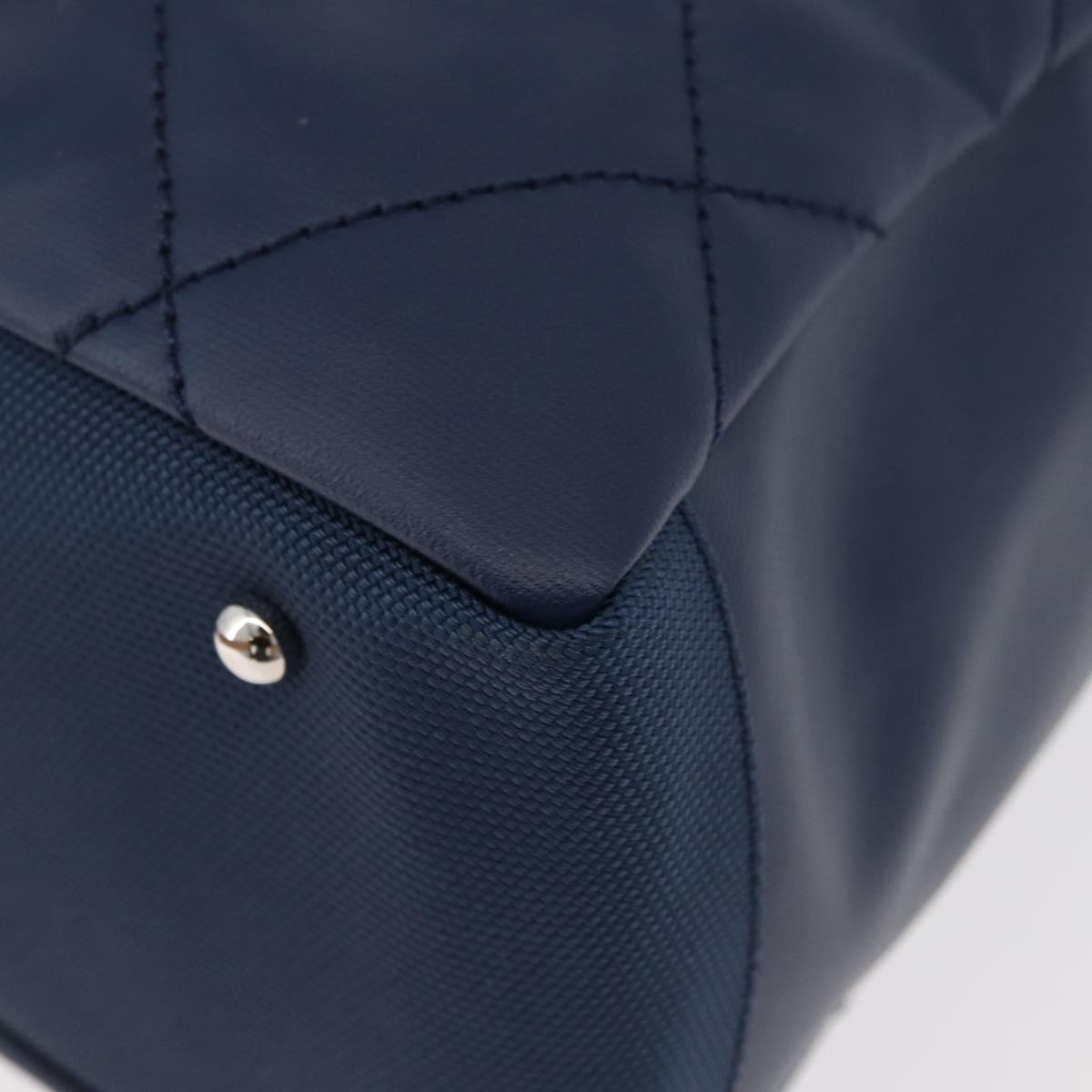 CHANEL Paris Biarritz MM Tote Bag Coated Canvas Navy Silver CC Auth 181519SAV
