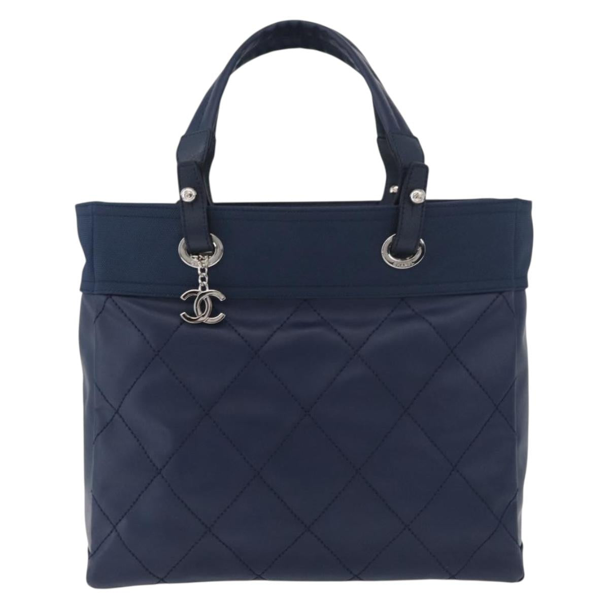 CHANEL Paris Biarritz MM Tote Bag Coated Canvas Navy Silver CC Auth 181519SAV