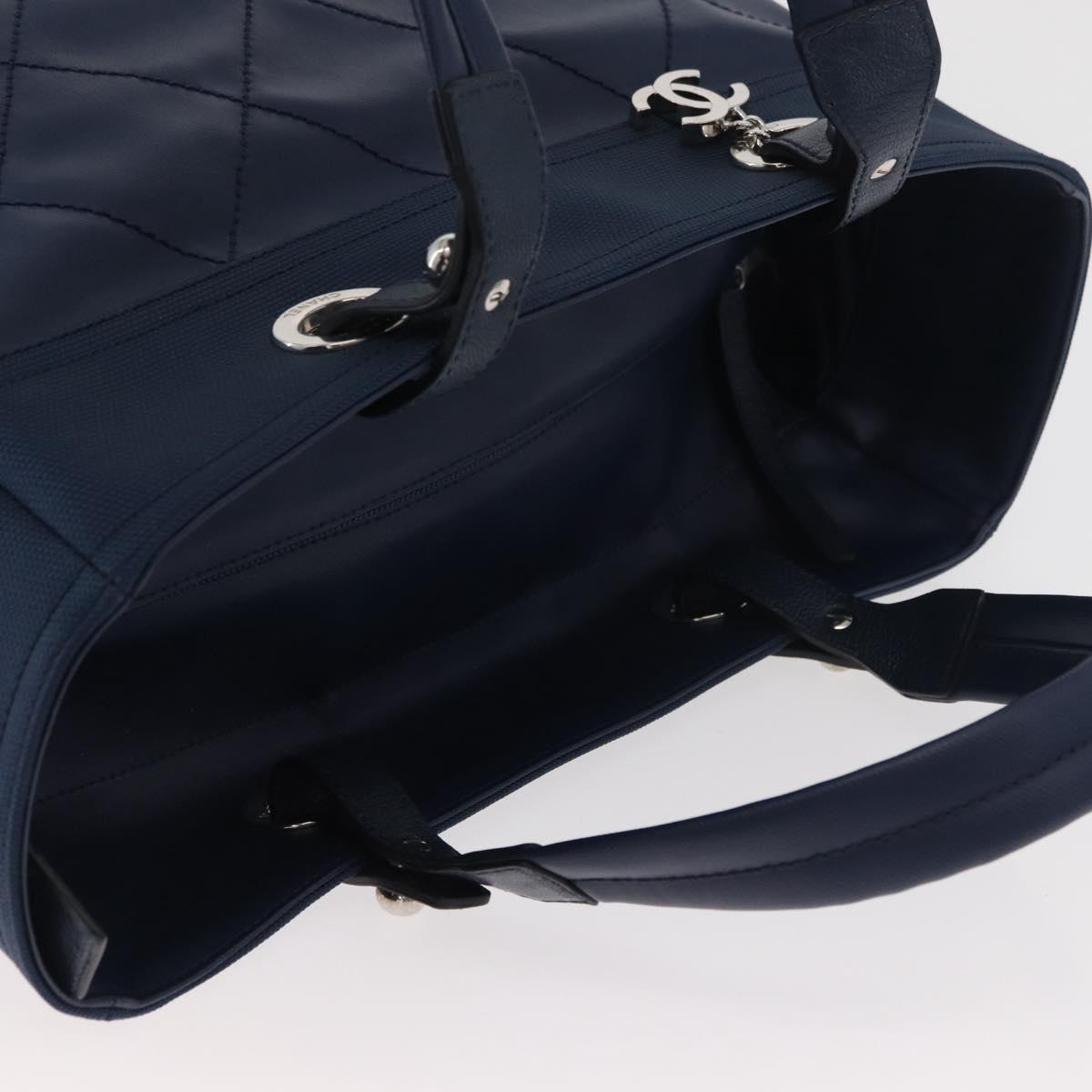 CHANEL Paris Biarritz MM Tote Bag Coated Canvas Navy Silver CC Auth 181519SAV
