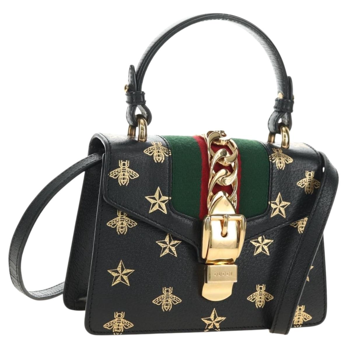GUCCI Bee & Star Sherry Line Bag Leather 3way Black Gold 470270 Auth 181527SAV
