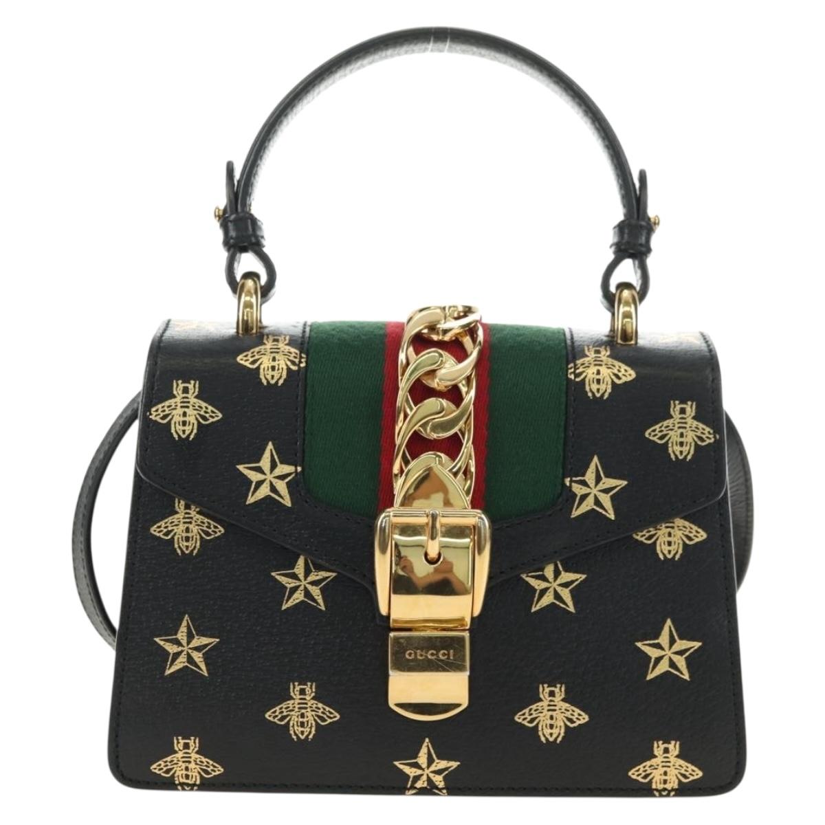 GUCCI Bee & Star Sherry Line Bag Leather 3way Black Gold 470270 Auth 181527SAV
