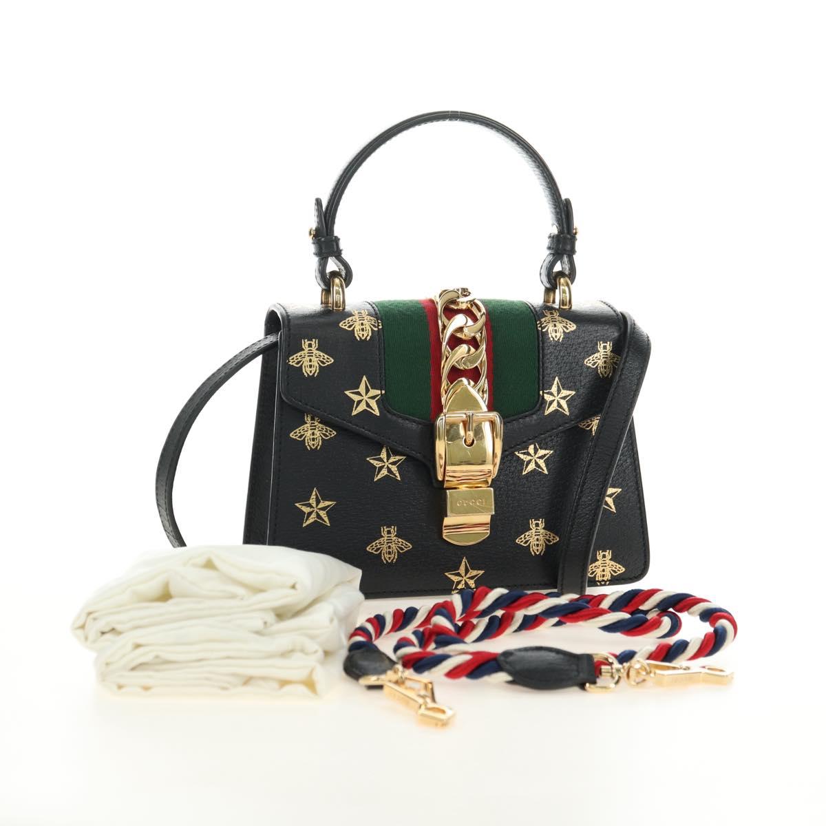 GUCCI Bee & Star Sherry Line Bag Leather 3way Black Gold 470270 Auth 181527SAV