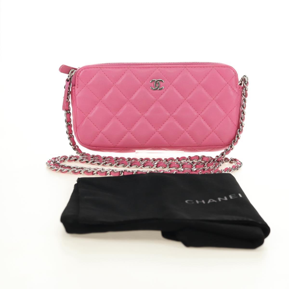 CHANEL Chain Matelasse Shoulder Bag Lamb Skin Pink Silver CC Auth 181529SAV