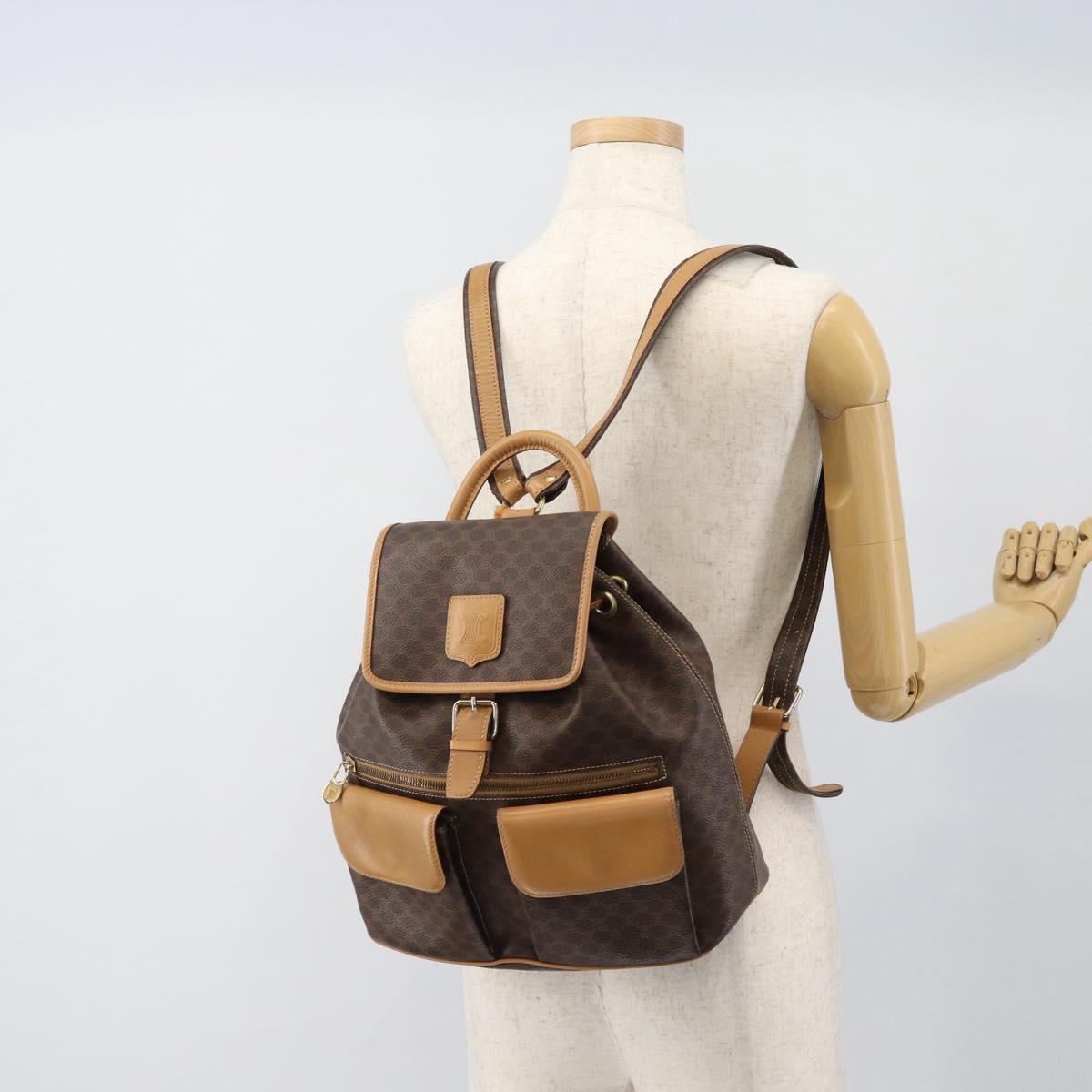 CELINE Macadam Canvas Backpack PVC Leather Brown Gold Auth 181532