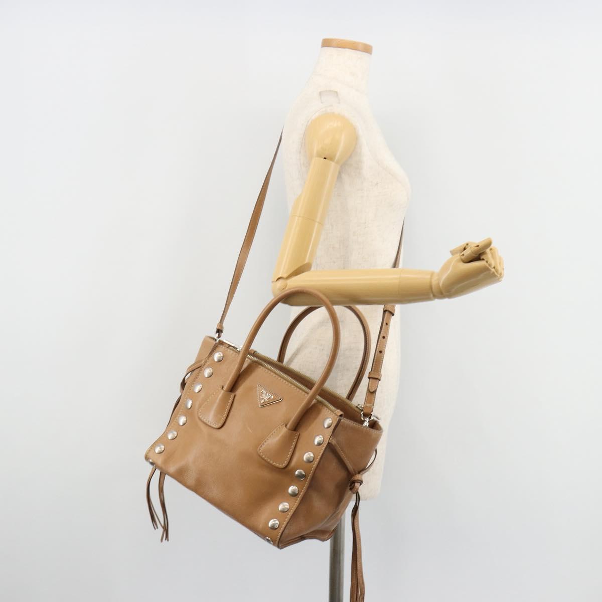 PRADA Hand Bag Leather 2way Beige Silver Auth 181556A