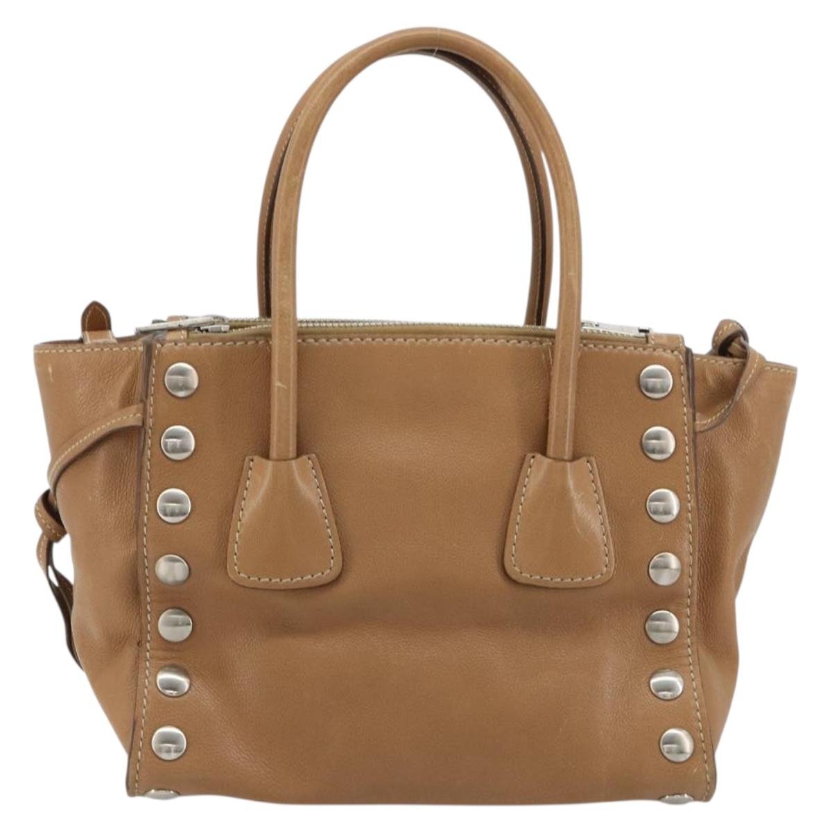 PRADA Hand Bag Leather 2way Beige Silver Auth 181556A