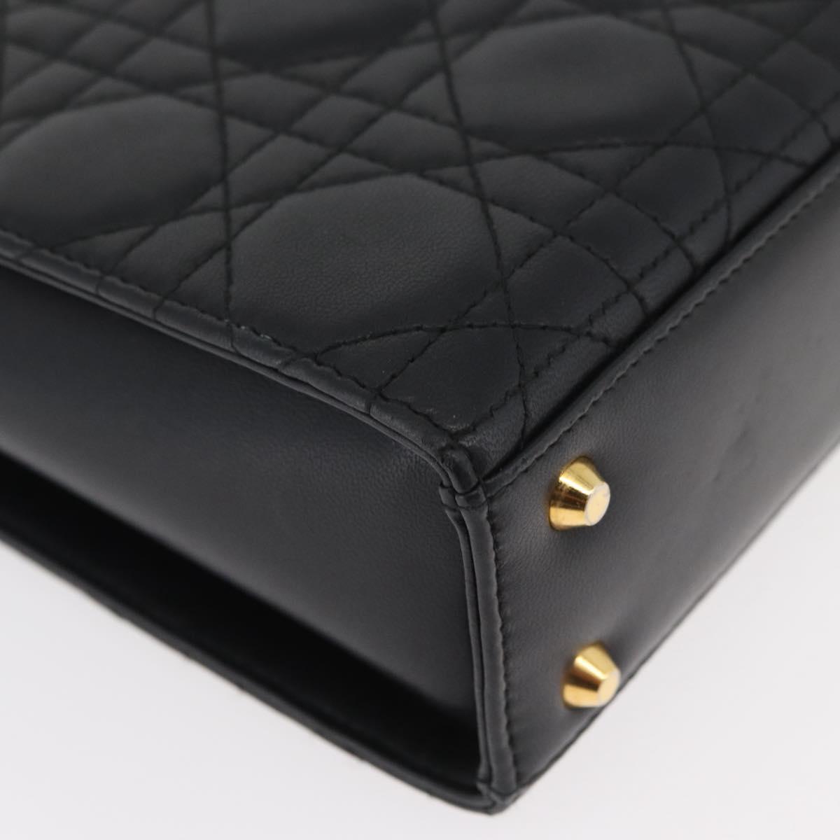 Christian Dior Lady Dior Hand Bag Lamb Skin Black Gold Auth 181559SAM