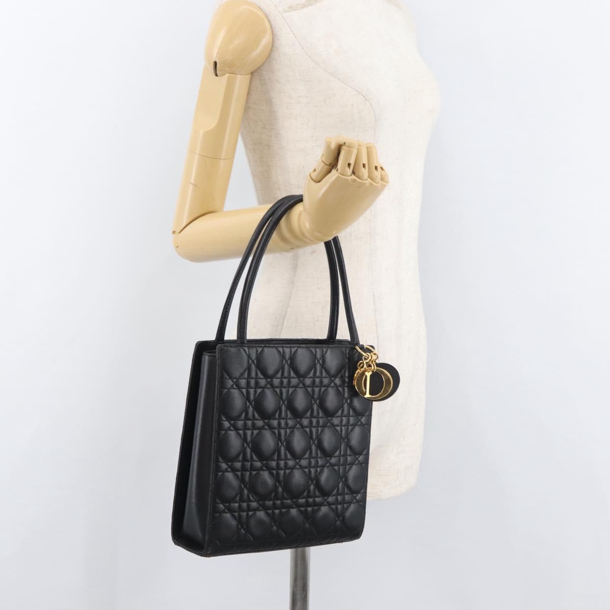 Christian Dior Lady Dior Hand Bag Lamb Skin Black Gold Auth 181559SAM
