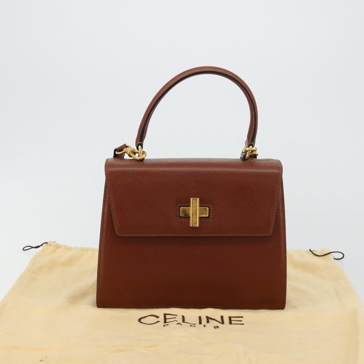CELINE Hand Bag Leather 2way Brown Gold Auth 181564A