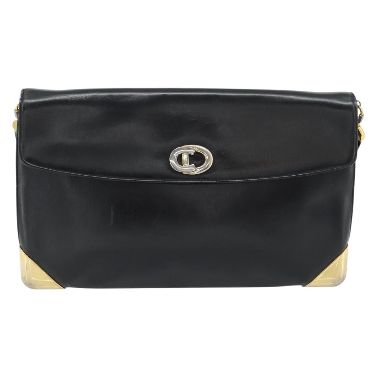 Christian Dior Shoulder Bag Leather Black Gold Auth 181566