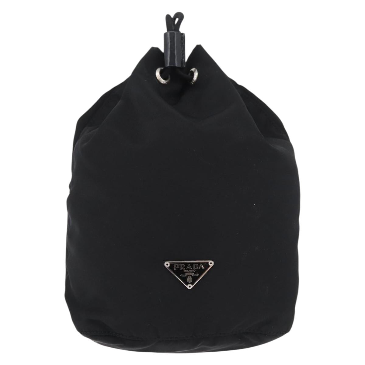 PRADA Drawstring Pouch Nylon Black Silver Auth 181567