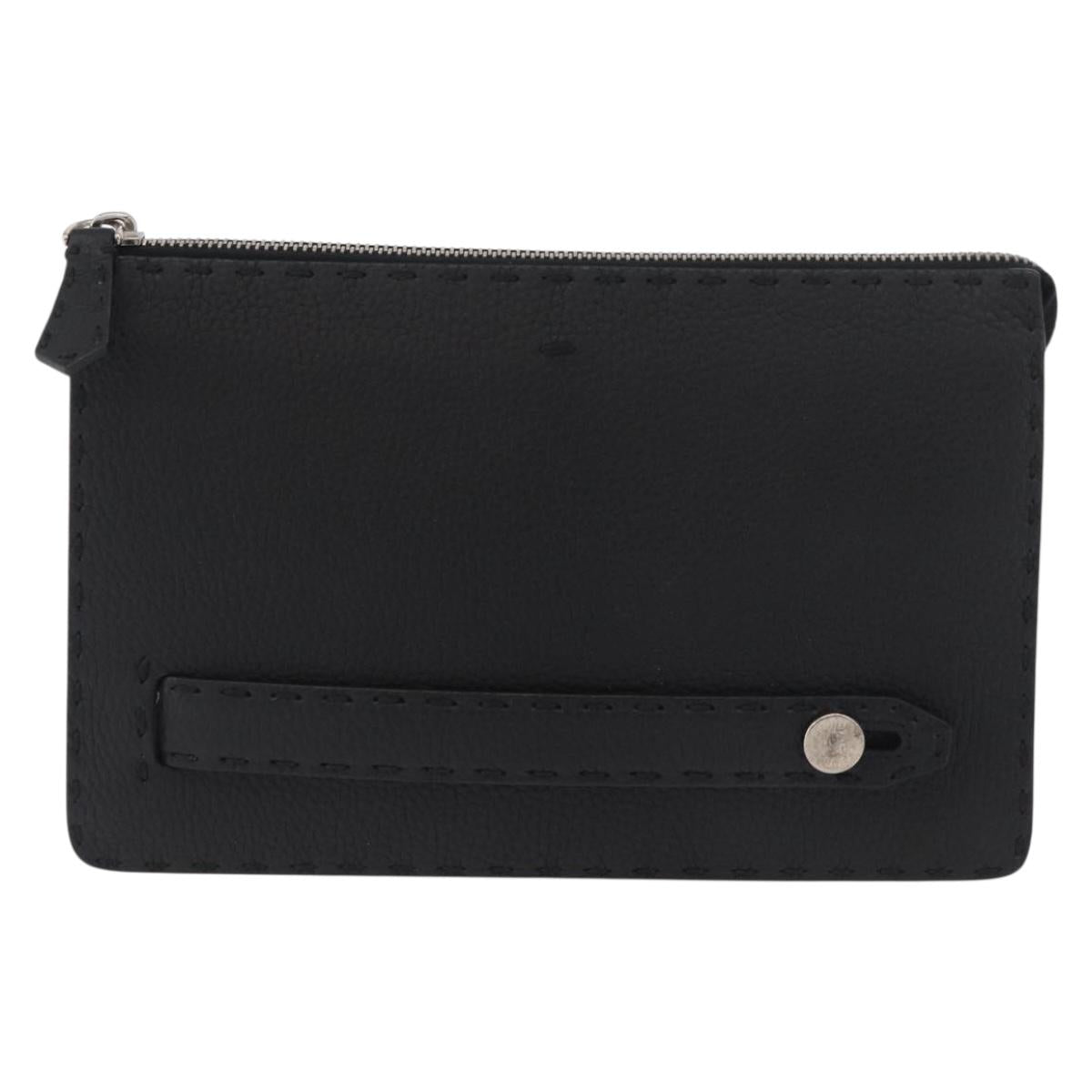 FENDI Clutch Bag Leather Black Silver Auth 181568A