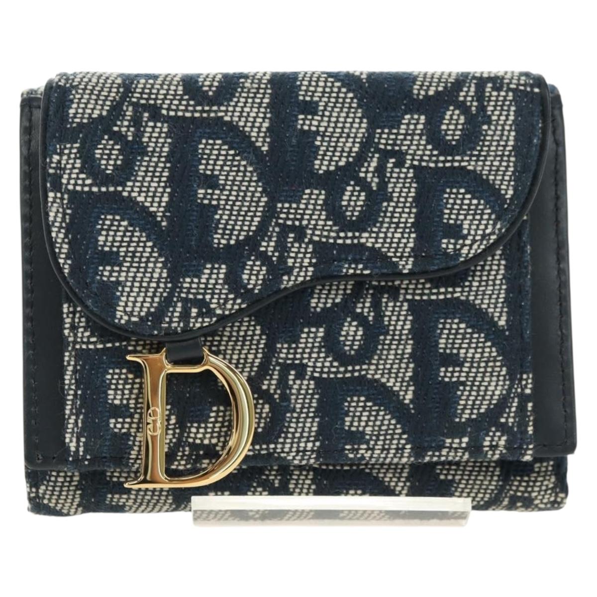 Christian Dior Trotter Canvas Saddle Trifold Wallet Navy Gold Auth 181569V