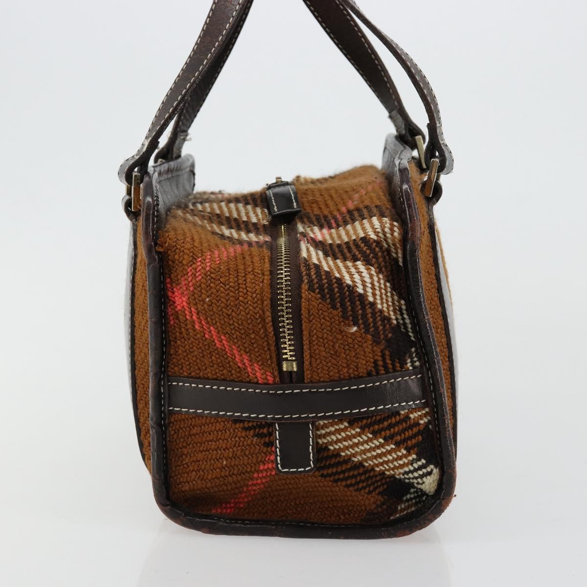 BURBERRY Nova Check Blue Label Hand Bag Wool Brown Gold Auth 181585