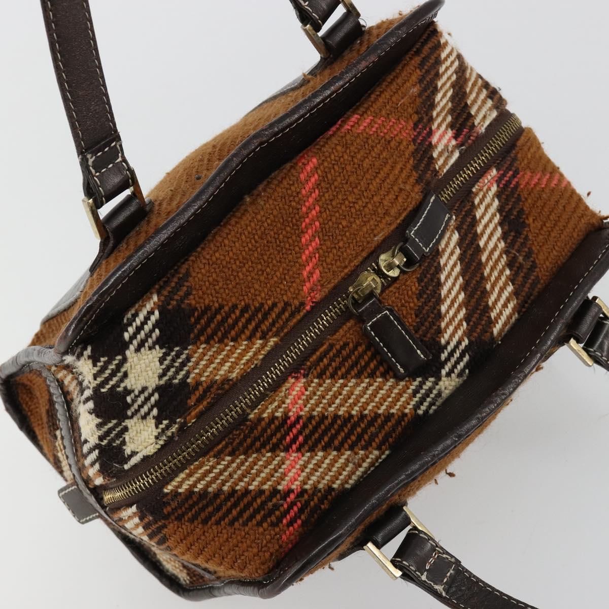 BURBERRY Nova Check Blue Label Hand Bag Wool Brown Gold Auth 181585