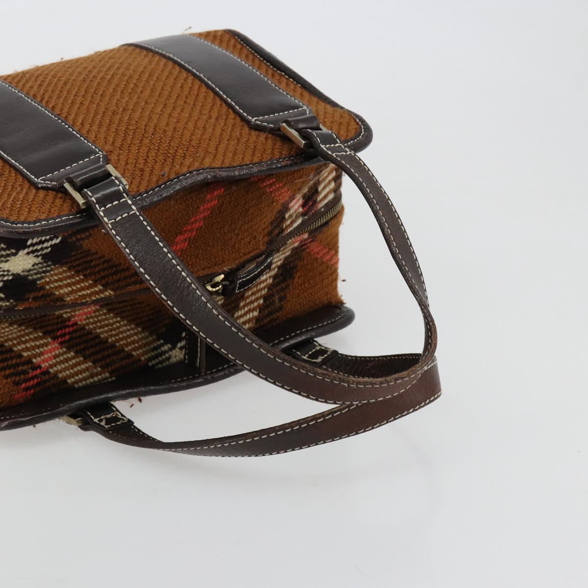 BURBERRY Nova Check Blue Label Hand Bag Wool Brown Gold Auth 181585