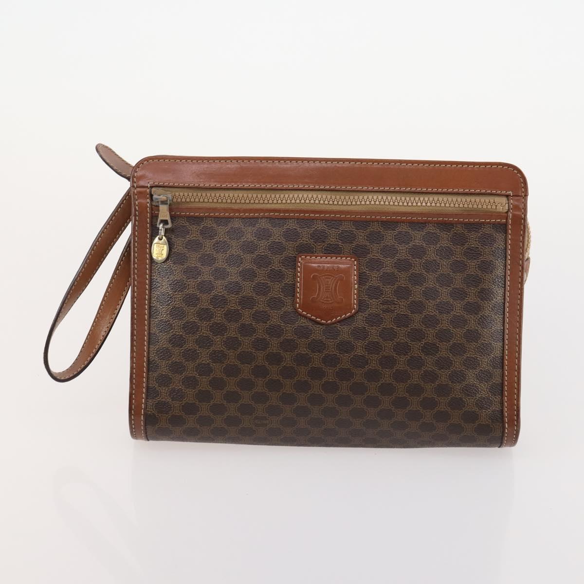 CELINE Macadam Canvas Clutch Bag PVC 6 Set Brown Beige Auth 181592