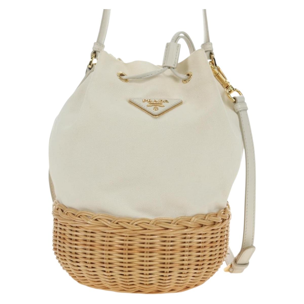 PRADA Wicker Shoulder Bag Rattan 2way Beige Gold Auth 181615V