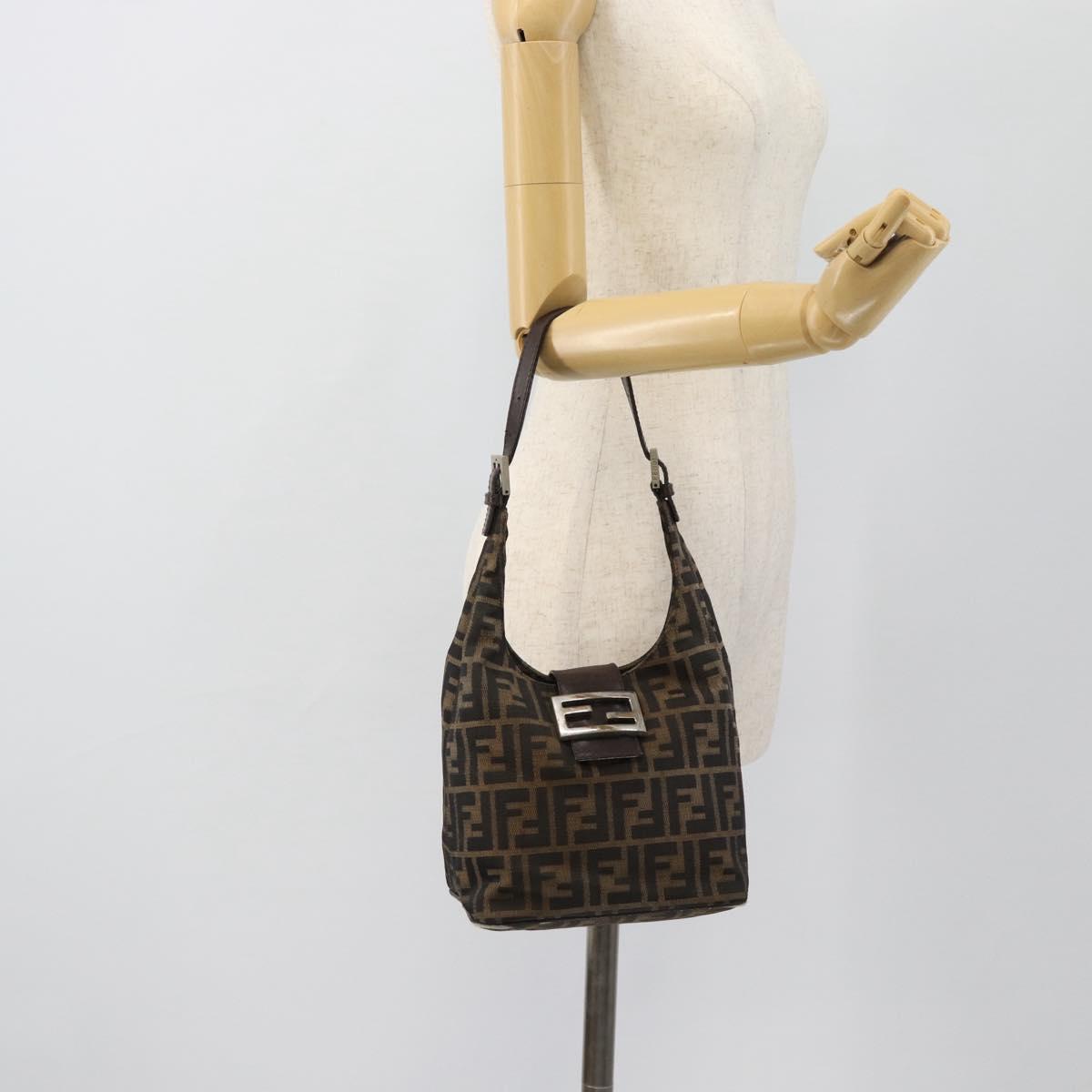 FENDI Zucca Canvas Mamma Baguette Shoulder Bag Black Brown Auth 181633A