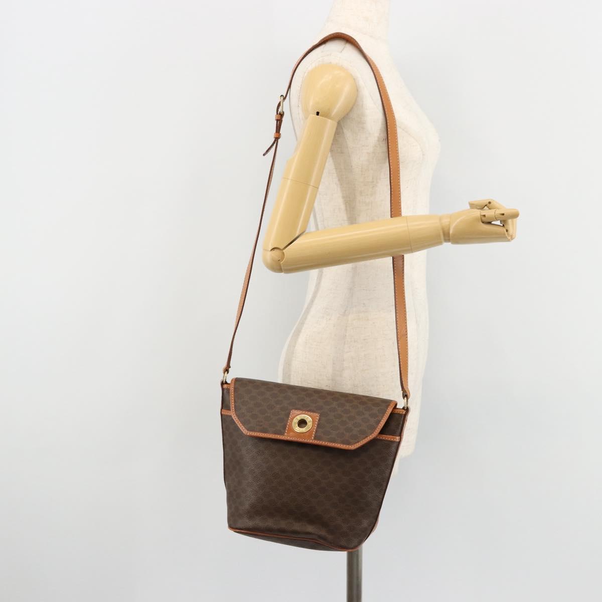 CELINE Macadam Canvas Circle Shoulder Bag PVC Leather Brown Gold Auth 181637A