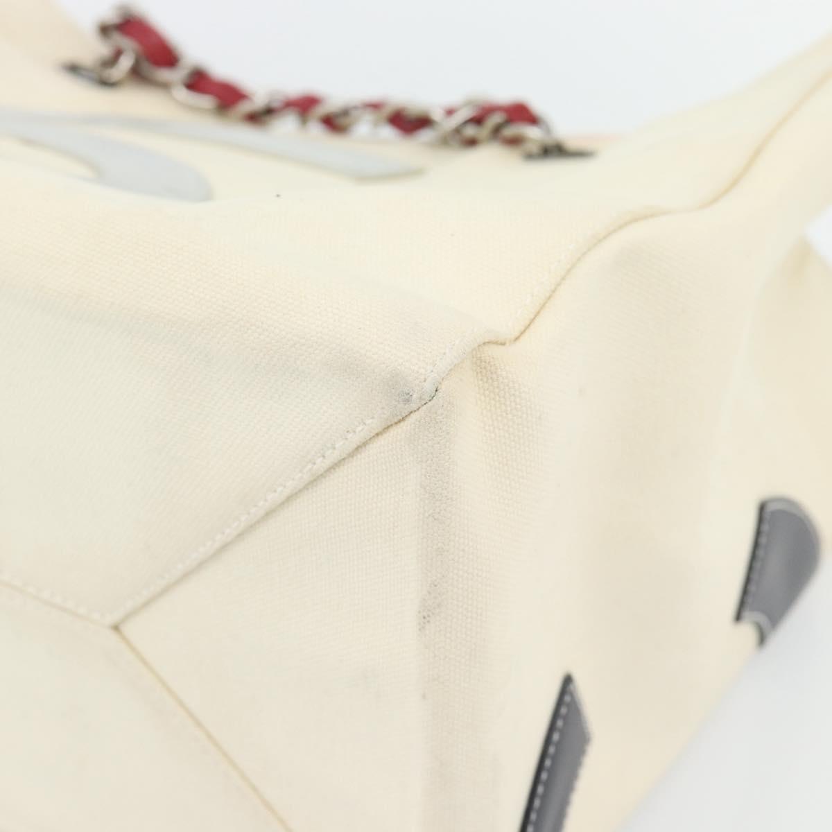 CHANEL Choco Bar Chain Tote Bag No5 Canvas Ivory Silver CC Auth 181646A