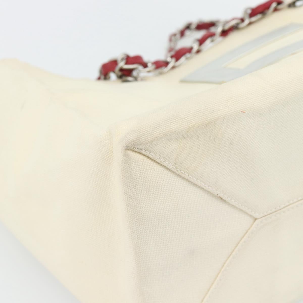 CHANEL Choco Bar Chain Tote Bag No5 Canvas Ivory Silver CC Auth 181646A