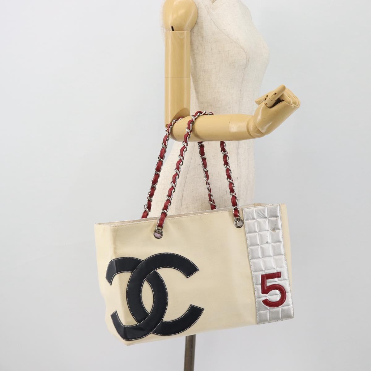 CHANEL Choco Bar Chain Tote Bag No5 Canvas Ivory Silver CC Auth 181646A