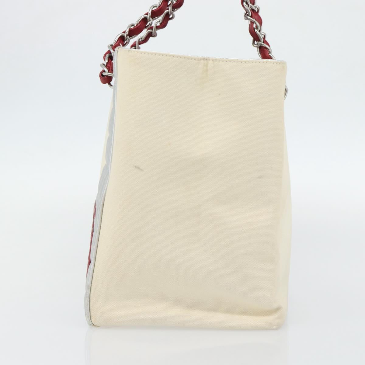 CHANEL Choco Bar Chain Tote Bag No5 Canvas Ivory Silver CC Auth 181646A