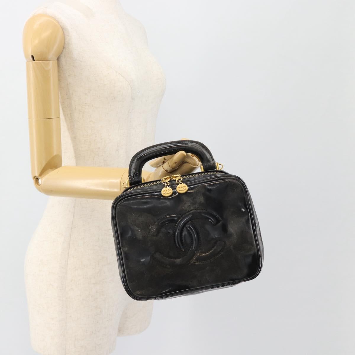 CHANEL COCO Mark Vanity Hand Bag Patent leather Black Gold CC Auth 181661