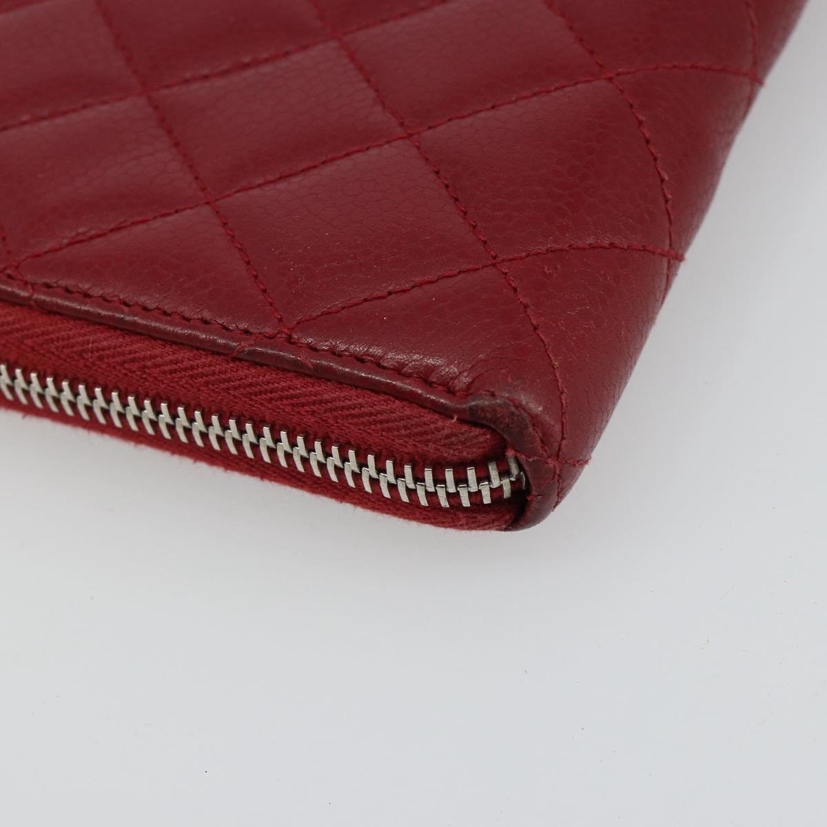 CHANEL Matelasse Long Wallet Caviar Skin Red Silver CC Auth 181674A