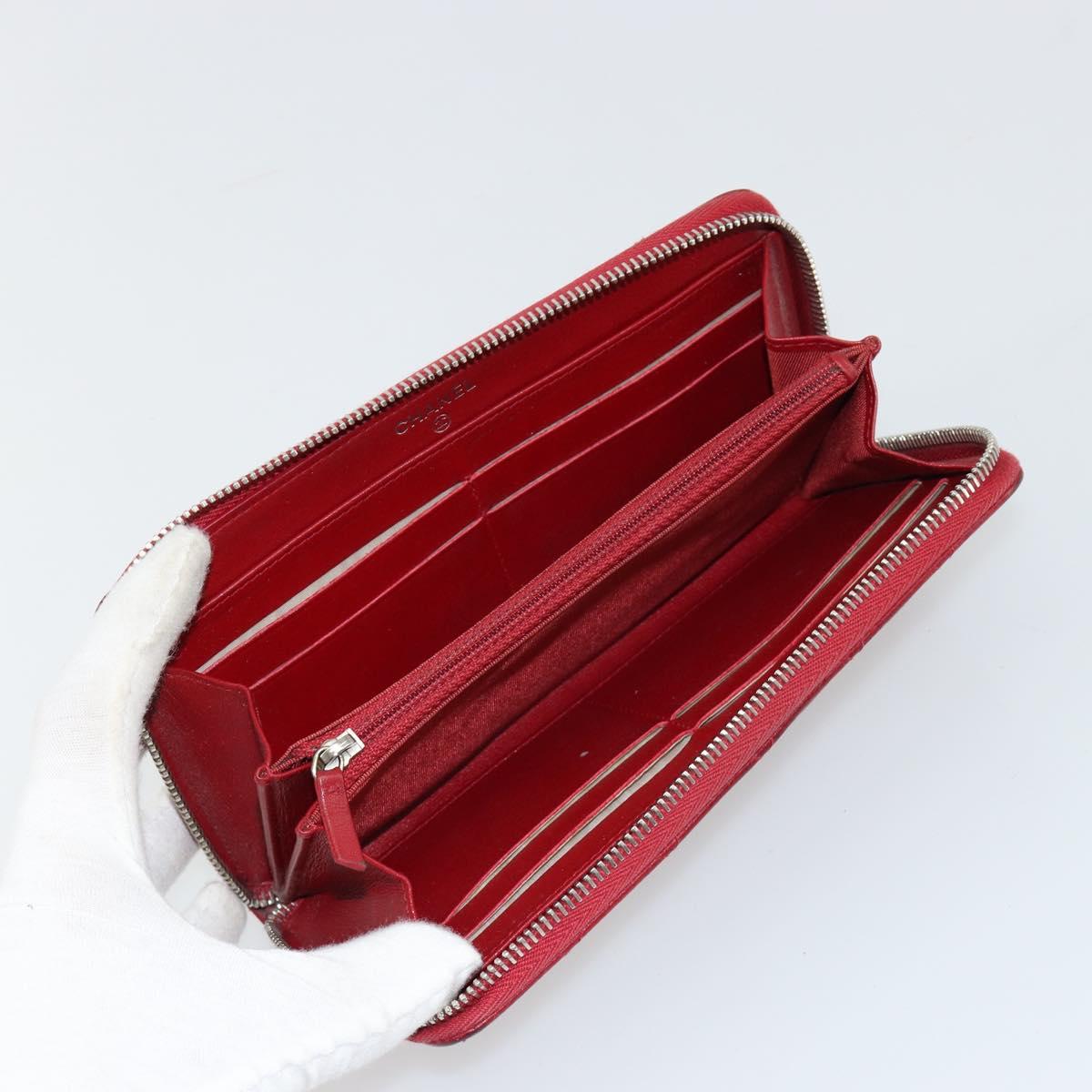 CHANEL Matelasse Long Wallet Caviar Skin Red Silver CC Auth 181674A