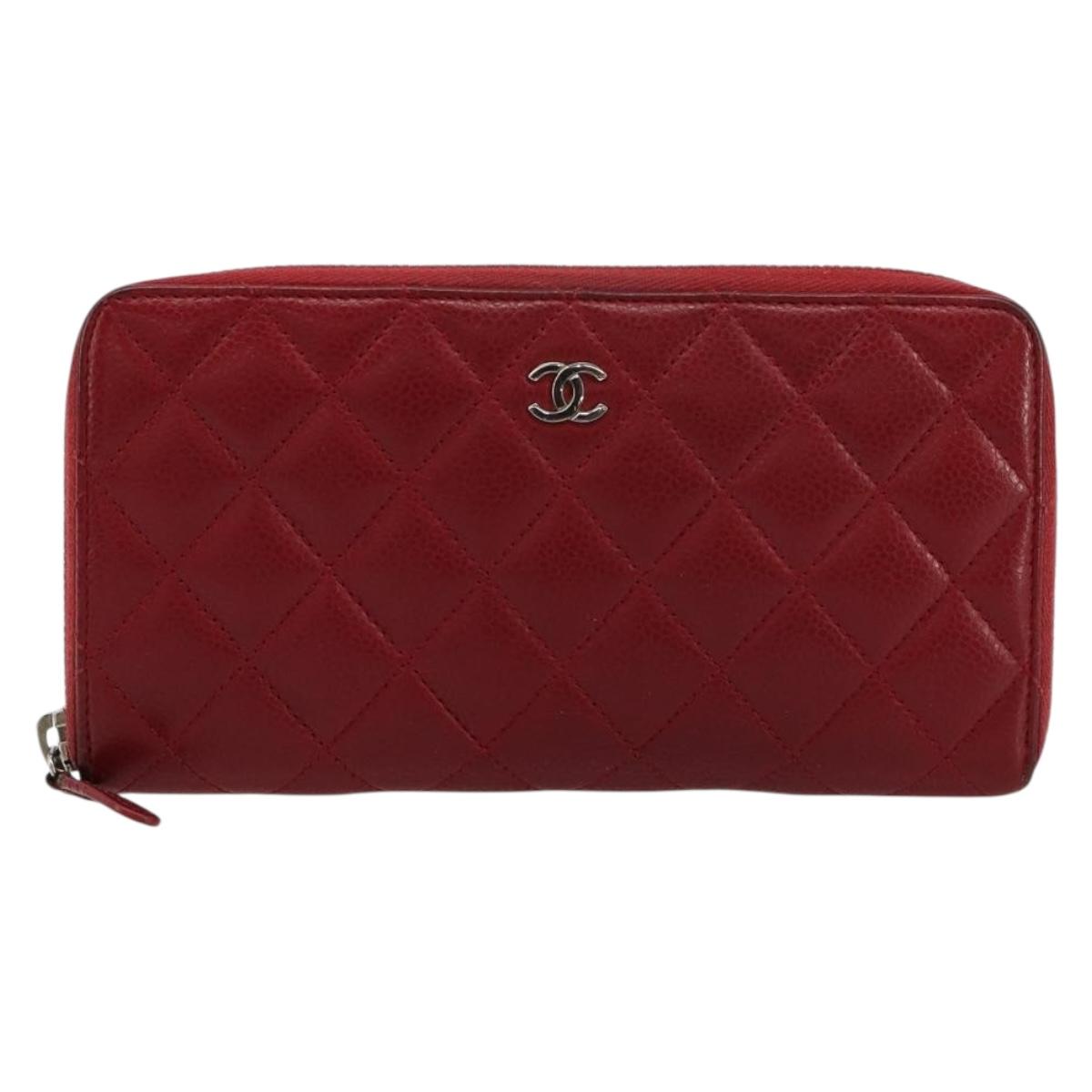 CHANEL Matelasse Long Wallet Caviar Skin Red Silver CC Auth 181674A