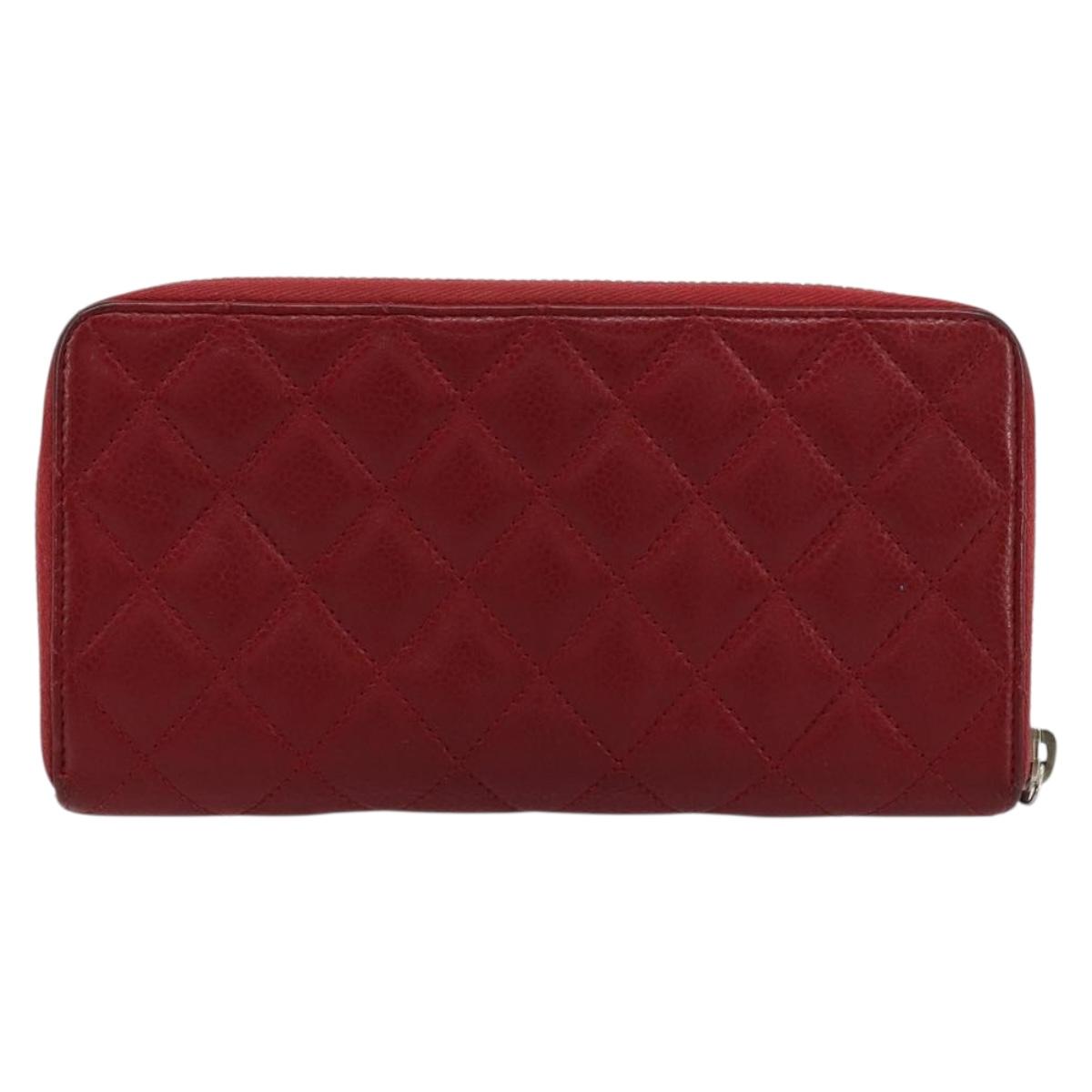 CHANEL Matelasse Long Wallet Caviar Skin Red Silver CC Auth 181674A