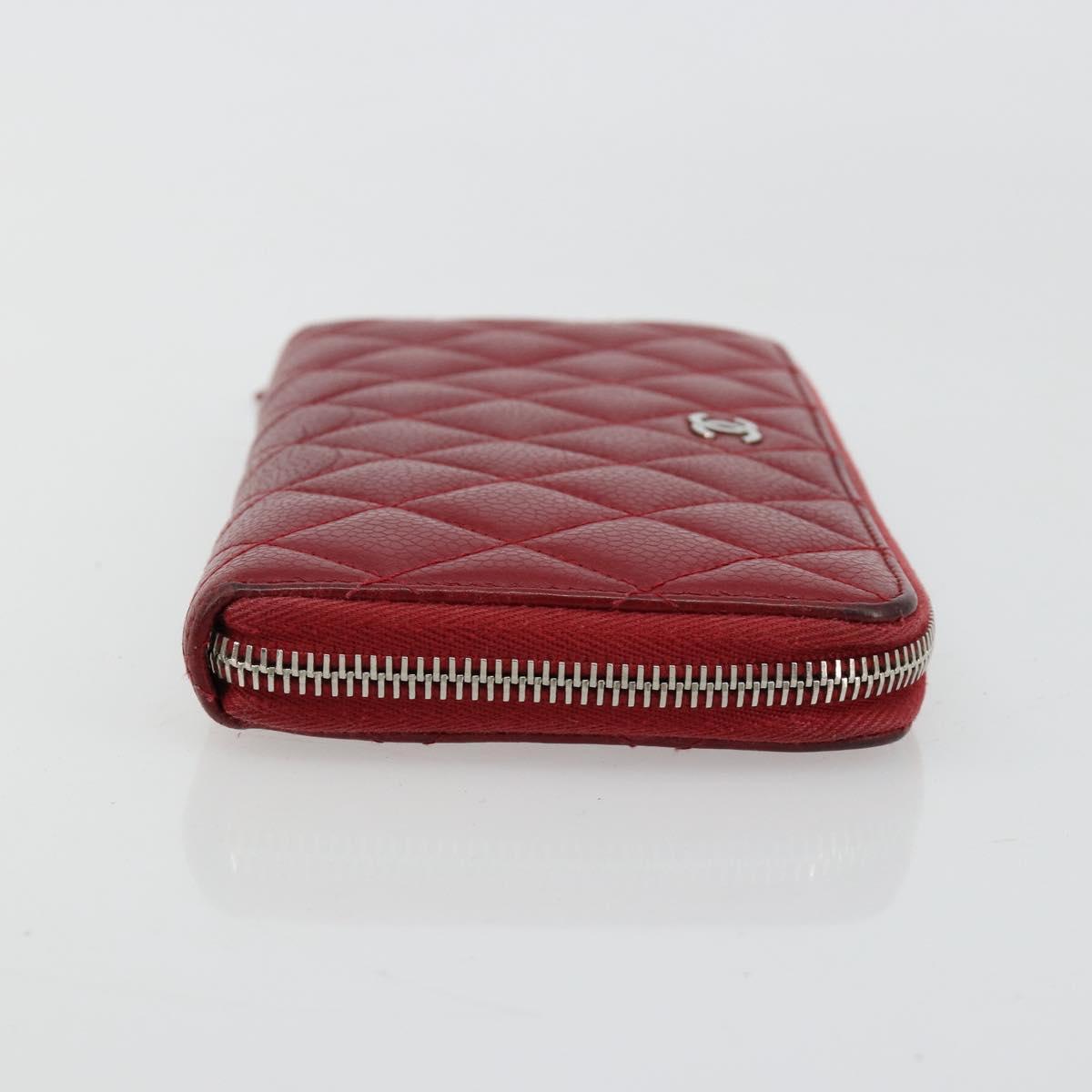 CHANEL Matelasse Long Wallet Caviar Skin Red Silver CC Auth 181674A