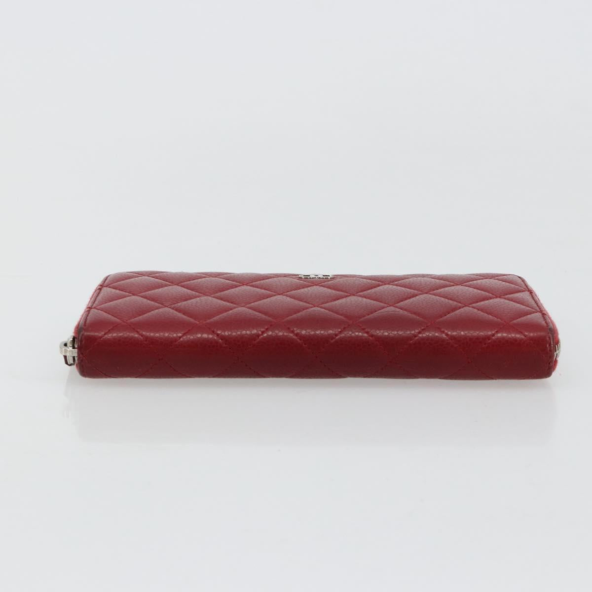 CHANEL Matelasse Long Wallet Caviar Skin Red Silver CC Auth 181674A