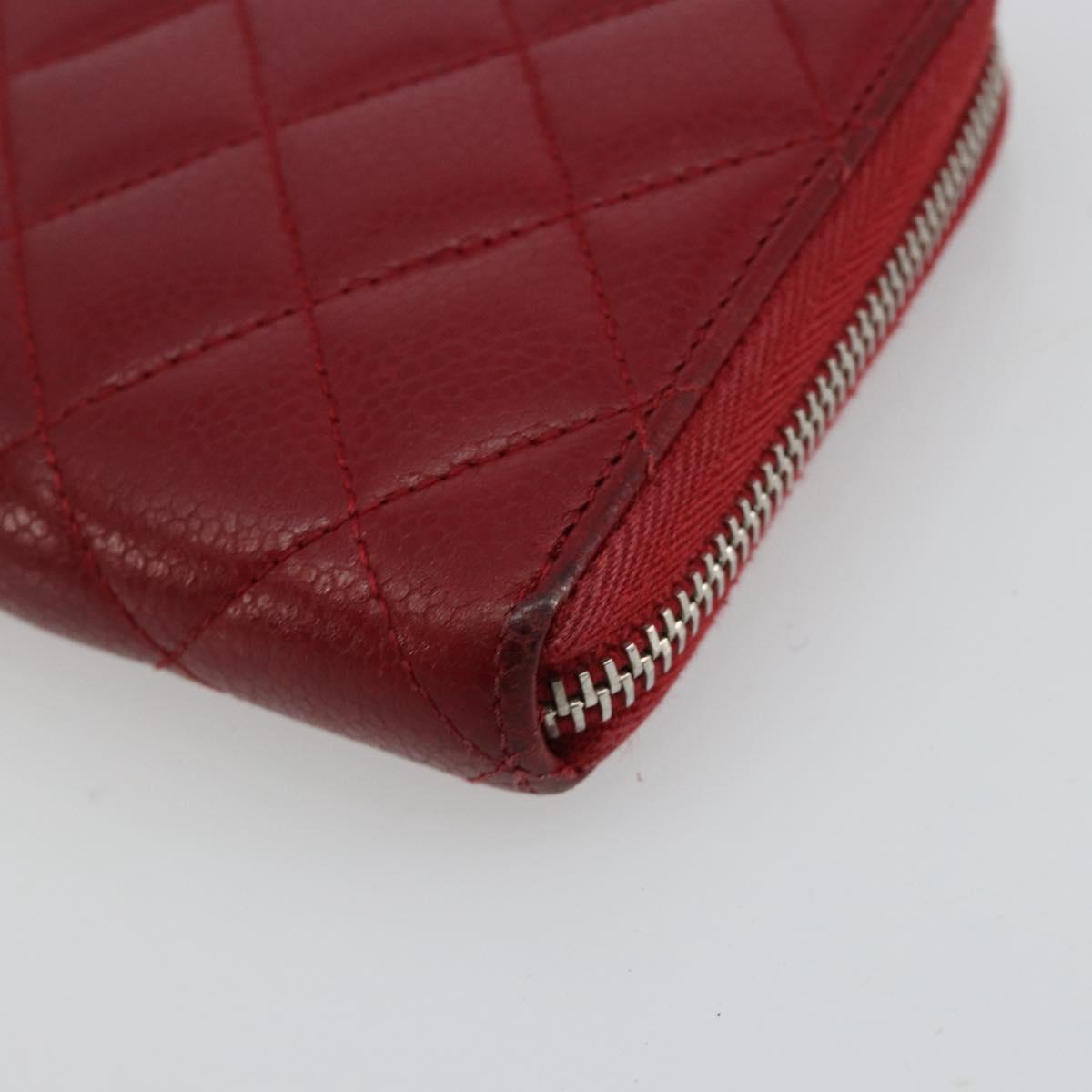 CHANEL Matelasse Long Wallet Caviar Skin Red Silver CC Auth 181674A