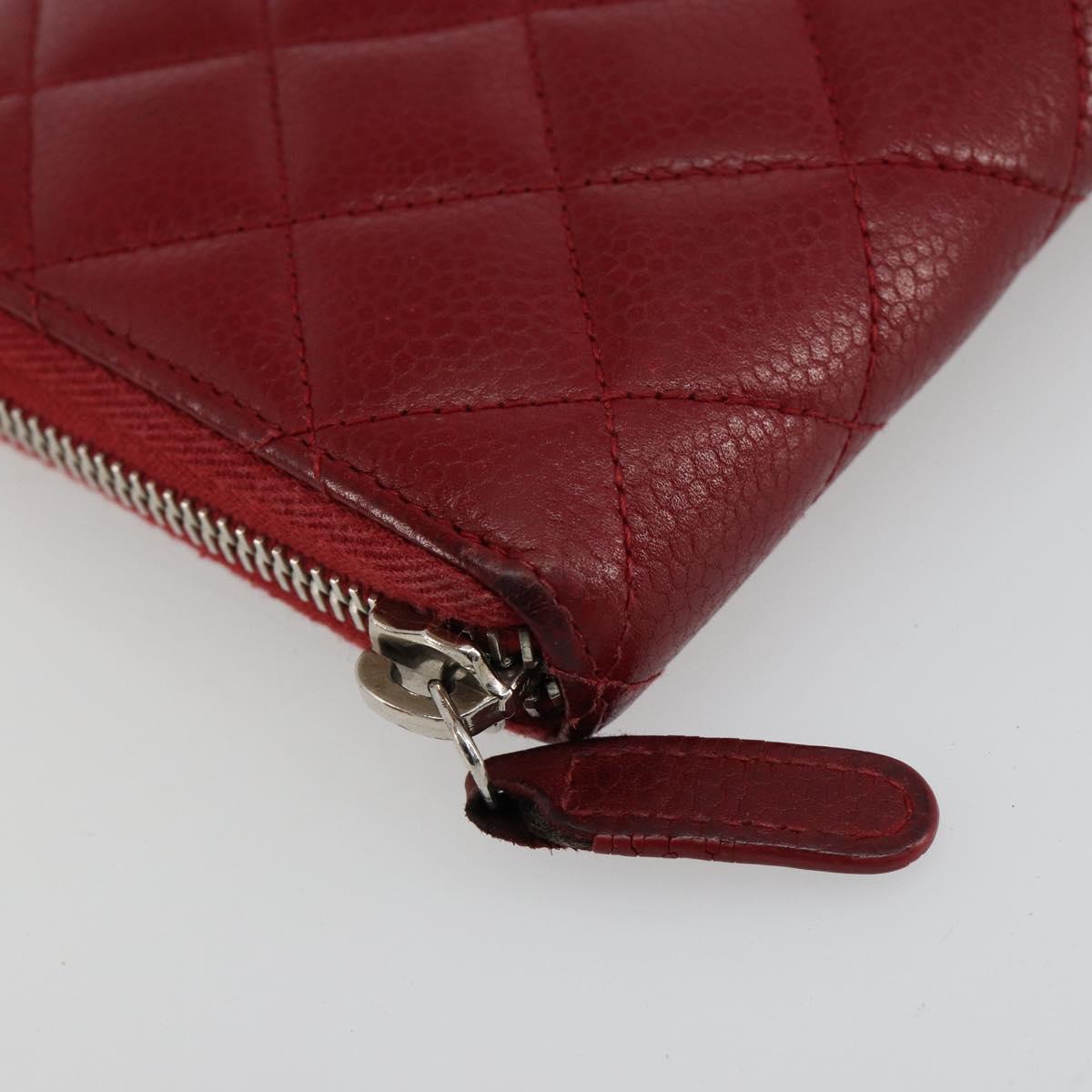 CHANEL Matelasse Long Wallet Caviar Skin Red Silver CC Auth 181674A