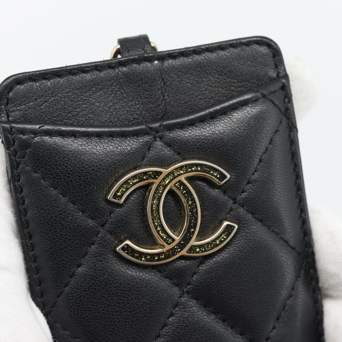 CHANEL Matelasse Chain Card Case Lamb Skin Black Gold CC Auth 181678A